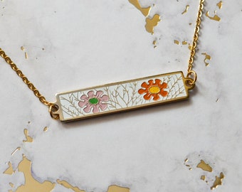 Daisy Enamel Necklace - Pink & Orange Daisies - Bar Necklace - Soft Enamel - Enamel Jewelry - Vintage Enamel Charm - Floral Jewelry