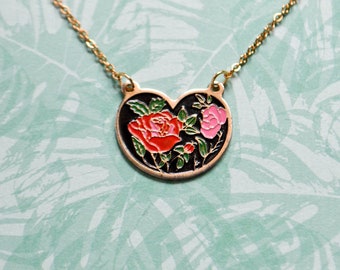 Red Rose Enamel Necklace - Black Rounded Heart - Vintage Enamel Necklace - Soft Enamel - Enamel Jewelry - Floral Jewelry