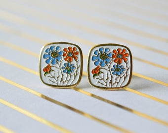 Enamel Daisy Earrings - Orange & Blue Flowers - Square - Stainless Steel Earrings - Vintage Enamel - Floral Earrings - Enamel Jewelry