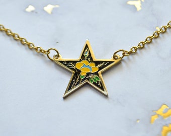 Vintage Enamel Star Necklace - Yellow Flower - Black - Enamel Jewelry - Enamel Necklace - Layering Necklace - StarJewelry - Soft Enamel