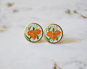 Iris Enamel Earrings - Orange Iris - White Circle - Stainless Steel Earrings - Vintage Cabochons - Shabby Chic Jewelry - Floral Earrings