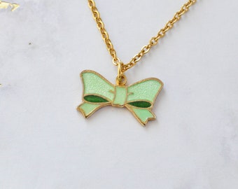 Tiny Green Bow Necklace - Vintage Enamel Necklace - Enamel Bow Charm - Pastel - Whimsical Jewelry - Bow Jewelry - Vintage Charm