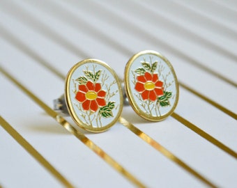 Vintage Enamel Earrings - Orange Flowers - Flower Enamel - Oval - Surgical Steel Earrings - Stud Earrings - Halloween Jewelry