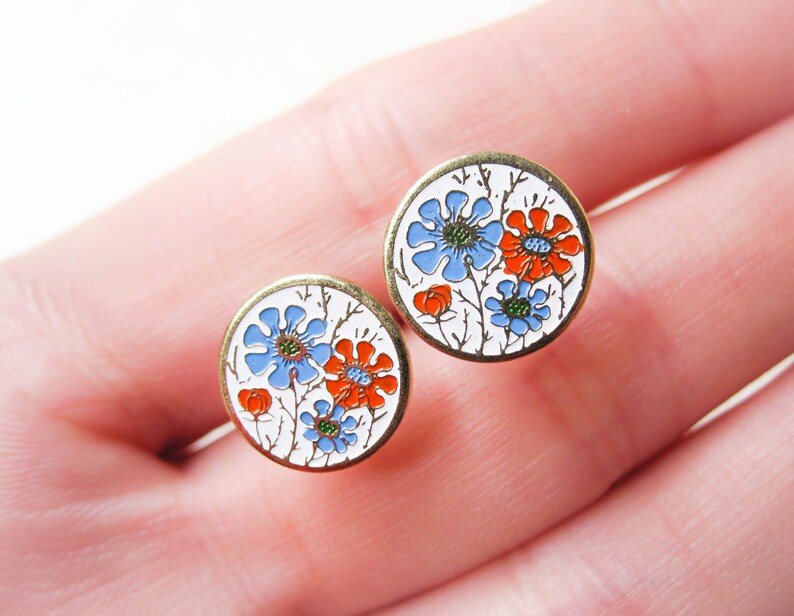 Enamel Daisy Earrings Orange & Blue Flowers Surgical Steel Etsy