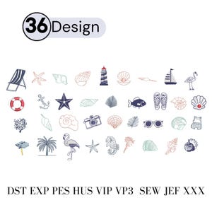 May include: A collection of 36 embroidered beach-themed designs, including a beach chair, starfish, seashells, lighthouse, sailboat, flamingo, and more. The designs are in various colors and styles, perfect for summer projects.