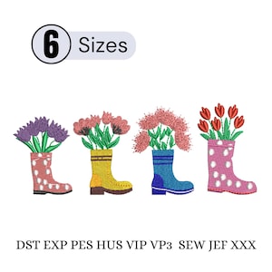 Puede incluir: Imagen de cuatro botas de lluvia bordadas, cada una llena de flores coloridas. Las botas son rosas, amarillas y azules, con lunares blancos en la bota rosa. Incluye el texto "6 Sizes".