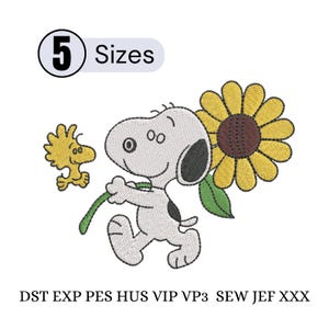 May include: An embroidered design featuring Snoopy holding a sunflower with Woodstock nearby. The design includes the text "5 Sizes" and file types: DST EXP PES HUS VIP VP3 SEW JEF XXX. The image is on a white background.
