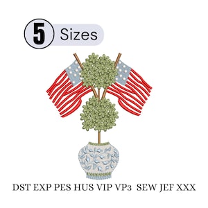 Amerikanische Flagge, Topiary Stickerei, Design, Chinoiserie Vase, Vaterländischer 4. Juli (Digitaler Download)