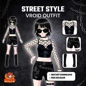 Könnte beinhalten: Digitale Illustration eines Street Style Vroid Outfits. Das Outfit beinhaltet ein schwarzes Oberteil, Shorts und Stiefel. Die Shorts haben ein Oktopus-Design. Das Bild enthält auch den Text "Sofortiger Download" und "Kostenlose Neufärbung".