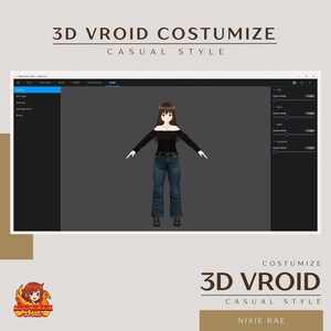Op de afbeelding: Digitale illustratie van een 3D-model in een zwarte off-the-shoulder top en blauwe jeans, onderdeel van een 3D Vroid Costumize Casual Style project. De tekst "3D VROID COSTUMIZE CASUAL STYLE" staat boven en onder in de afbeelding.