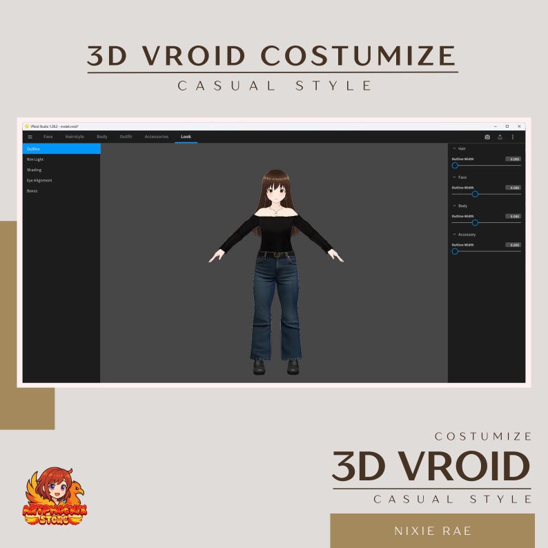 Op de afbeelding: Digitale illustratie van een 3D-model in een zwarte off-the-shoulder top en blauwe jeans, onderdeel van een 3D Vroid Costumize Casual Style project. De tekst "3D VROID COSTUMIZE CASUAL STYLE" staat boven en onder in de afbeelding.