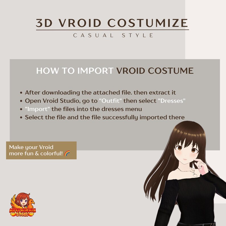 Op de afbeelding: Afbeelding met tekst: "3D VROID COSTUMIZE CASUAL STYLE" en "HOW TO IMPORT VROID COSTUME". Instructies omvatten het downloaden, extraheren en importeren van bestanden in Vroid Studio. Een stripfiguur staat rechts, met de tekst "Make your Vroid more fun & colorful!"
