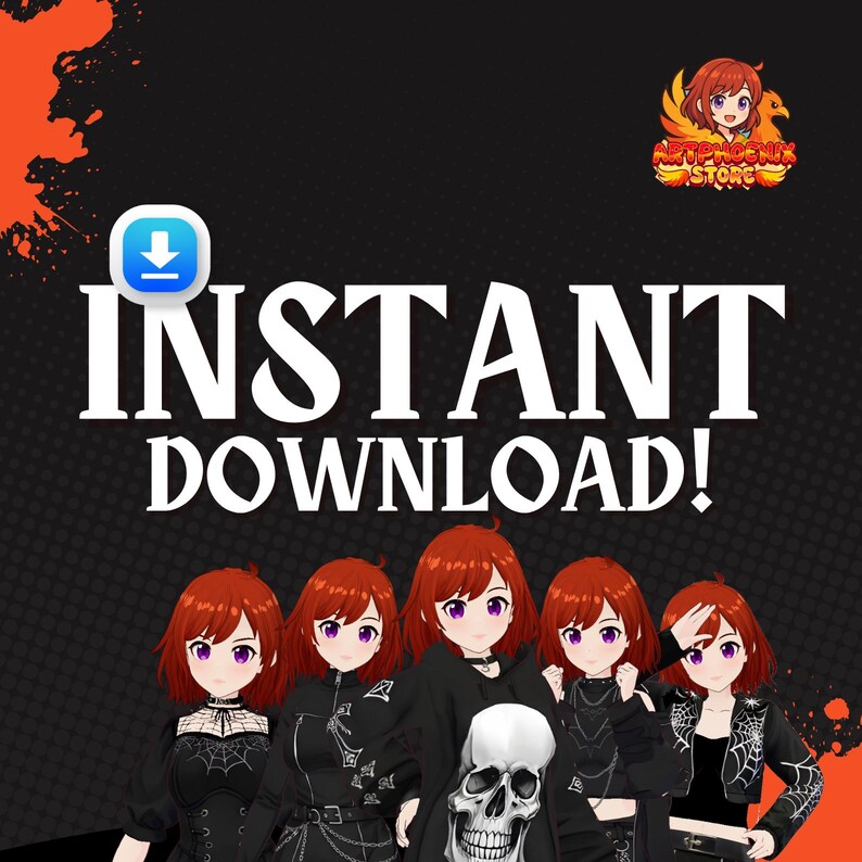 May include: A black and orange graphic with the words "INSTANT DOWNLOAD!" and a download icon. It features five anime-style characters with red hair and purple eyes, dressed in black gothic outfits. A skull is in the center.