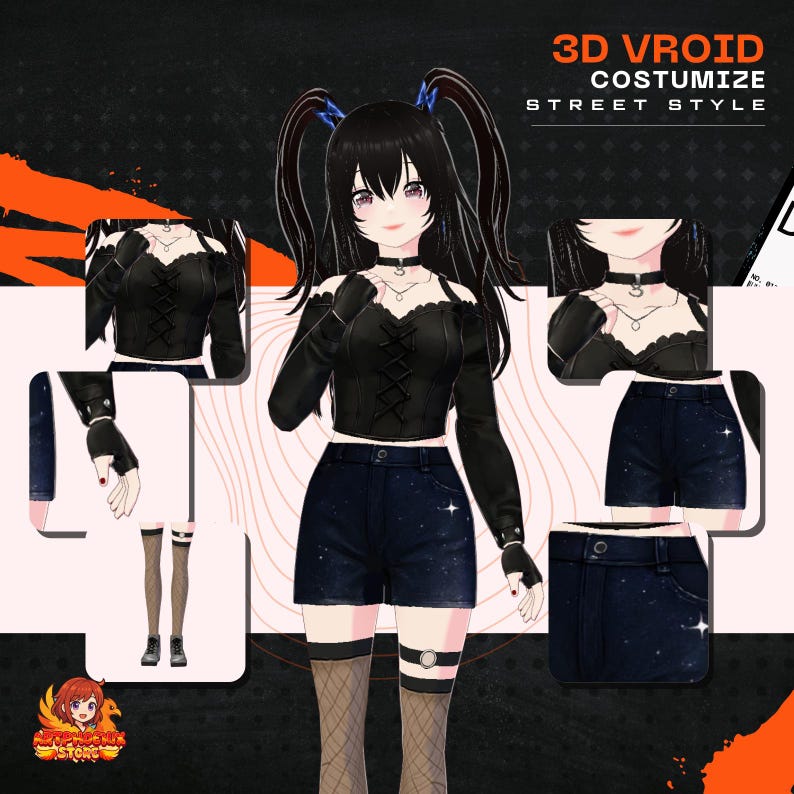 May include: A digital illustration of a character in a black top with a lace-up front, black shorts, and fishnet stockings. The image includes the text "3D VROID COSTUMIZE STREET STYLE". The character is wearing a choker and fingerless gloves.