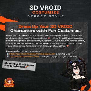May include: Promotional graphic for 3D Vroid costumes. The image features text that reads "Dress Up Your 3D VROID Characters with Fun Costumes!" and "Make your Vroid more fun & colorful!" A cartoon character is also visible.