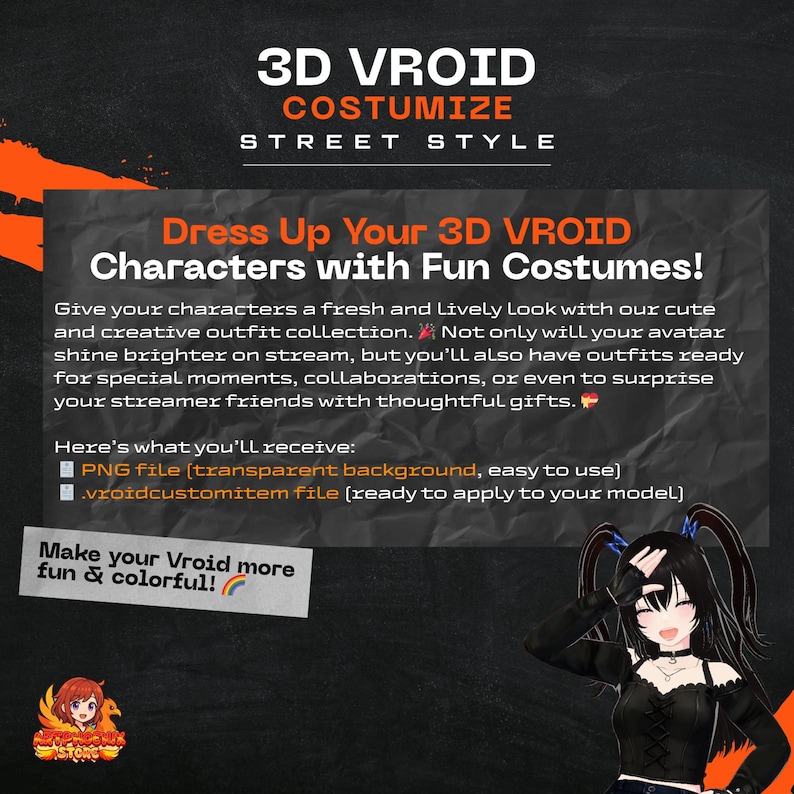 May include: Promotional graphic for 3D Vroid costumes. The image features text that reads "Dress Up Your 3D VROID Characters with Fun Costumes!" and "Make your Vroid more fun & colorful!" A cartoon character is also visible.