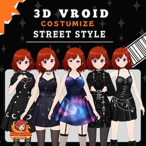 以下が含まれることがあります： 3D Vroid Costumize Street Styleを宣伝する画像。画像には、ドレスやアクセサリーなど、さまざまなダークテーマの衣装を着た5人のアニメスタイルのキャラクターが登場します。衣装には、天体とゴシックの要素があります。背景は黒で、白い文字と星のアクセントがあります。