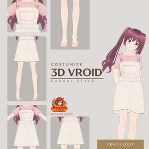 Op de afbeelding: Digitale illustratie van een vrouwelijk anime-personage met een perzikkleurige top en een witte overall jurk. De afbeelding bevat de tekst "Costumize 3D Vroid Casual Style" en "Peach Loop".