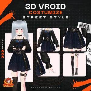 Puede incluir: Ilustración digital de un atuendo de estilo urbano 3D Vroid. El atuendo incluye un vestido negro con un patrón de estrellas, un cinturón con una cruz y medias altas hasta el muslo. El texto "3D VROID COSTUMIZE STREET STYLE" está presente.