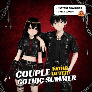Könnte beinhalten: Eine digitale Illustration von zwei Charakteren in schwarzen Gothic-Sommeroutfits mit Kreuzmustern. Die weibliche Figur trägt ein bauchfreies Hemd mit Krawatte und Faltenrock, während die männliche Figur ein kurzärmeliges Hemd mit Knopfleiste trägt.
