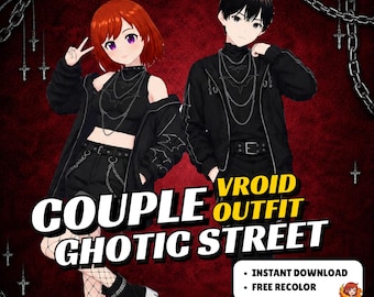 Couple VRoid Gothic Street Outfit | Bat Motif, Chains, VTuber Fashion (Digital Download)