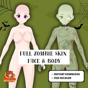 Może przedstawiać: Cyfrowa ilustracja dwóch postaci żeńskich, jedna o bladej cerze, a druga jako zombie. Postać zombie jest zielona ze szwami. Tekst brzmi "FULL ZOMBIE SKIN FACE & BODY" z "INSTANT DOWNLOAD" i "FREE RECOLOR".