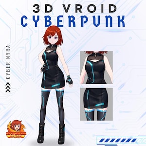 May include: A digital illustration of a female character in a black Cyberpunk outfit. The outfit features blue accents, a short dress, and black boots. The text "3D VROID CYBERPUNK" is displayed at the top. The character has red hair and purple eyes.