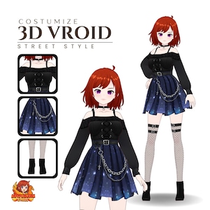 May include: A digital illustration of a 3D Vroid street style outfit. The outfit includes a black off-the-shoulder top, a starry blue skirt with a chain, and black boots. The text "COSTUMIZE 3D VROID STREET STYLE" is at the top.