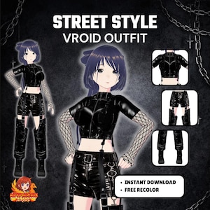 May include: A digital illustration of a Street Style Vroid Outfit. The outfit is all black, featuring a short-sleeved top, shorts with suspenders, and boots. The model is wearing fishnet gloves. The image includes the text "Street Style Vroid Outfit".