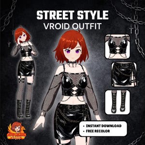 Könnte beinhalten: Digitale Illustration eines Street Style Vroid Outfits. Das Outfit beinhaltet einen schwarzen Lederlook-Rock, ein Oberteil und Stiefel. Das Model hat rotes Haar und lila Augen. Der Text "Sofort-Download" und "Kostenlos neu einfärben" ist ebenfalls enthalten.