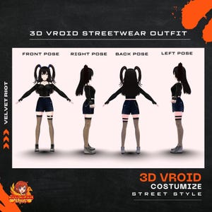 May include: A 3D Vroid streetwear outfit is displayed in four poses: front, right, back, and left. The outfit includes a black top, denim shorts, and patterned stockings. The text reads "3D VROID STREETWEAR OUTFIT" and "3D VROID COSTUMIZE STREET STYLE".