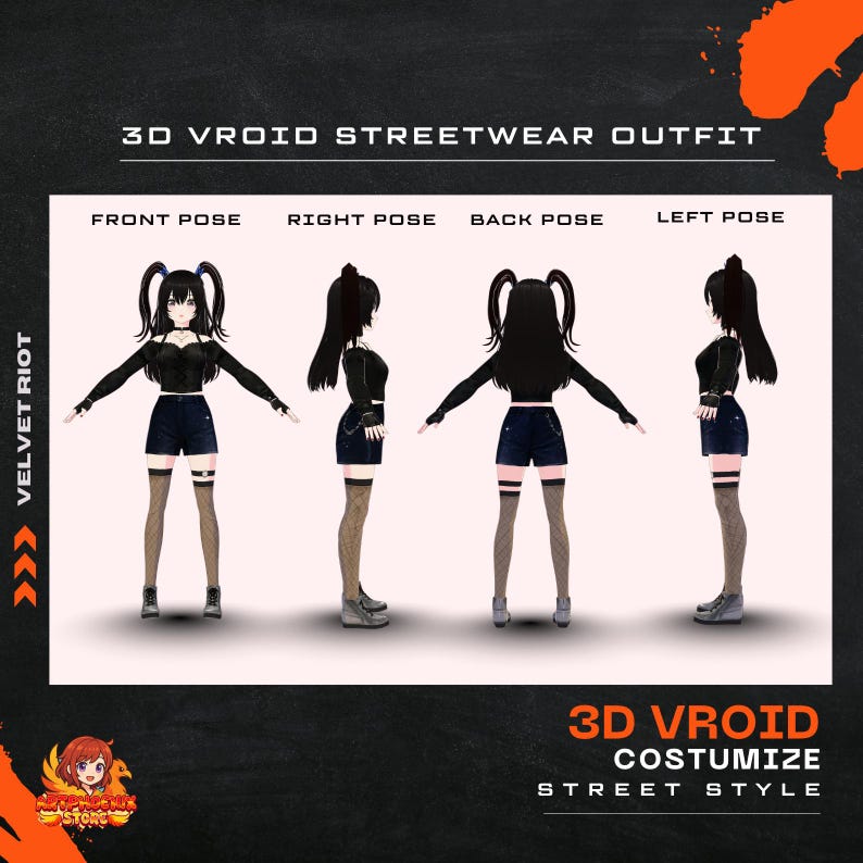 May include: A 3D Vroid streetwear outfit is displayed in four poses: front, right, back, and left. The outfit includes a black top, denim shorts, and patterned stockings. The text reads "3D VROID STREETWEAR OUTFIT" and "3D VROID COSTUMIZE STREET STYLE".