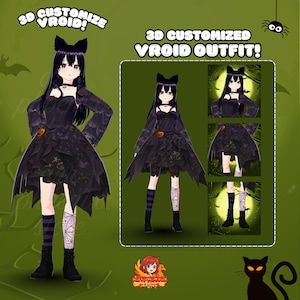 Op de afbeelding: Een 3D aangepaste Vroid outfit met een Halloween thema. De zwarte jurk heeft een gelaagde rok, een pompoen detail en een kattenoren hoofdband. De afbeelding bevat de tekst "3D CUSTOMIZE VROID!" en "3D CUSTOMIZED VROID OUTFIT!"