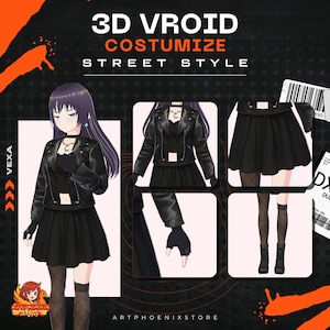May include: An image advertising 3D Vroid customisation with a street style theme. The image shows a character in a black leather jacket, skirt, and gloves. The text reads "3D VROID COSTUMIZE STREET STYLE" and "ARTPHOENIXSTORE".