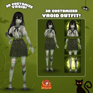May include: A 3D customized Vroid outfit depicting a zombie-themed schoolgirl. The outfit comprises a torn white shirt, a dark green skirt, and bandages. The image also includes the text "3D CUSTOMIZE VROID!" and "3D CUSTOMIZED VROID OUTFIT!"