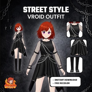 Könnte beinhalten: Digitale Illustration eines Street Style Vroid Outfits. Das Outfit ist schwarz mit Ketten- und Fischnetzd details. Das Bild enthält eine Ganzkörperansicht und Nahaufnahmen des Outfits. Der Text auf dem Bild lautet "Sofort-Download" und "Kostenlose Neufärbung".