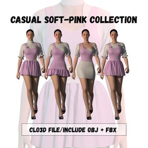 May include: A collection of four soft-pink outfits. Each outfit features a different design, including a skirt, dress, and top combinations. The text "CASUAL SOFT-PINK COLLECTION" is displayed at the top. The text "CL03D FILE/INCLUDE OBJ + FBX" is displayed at the bottom.