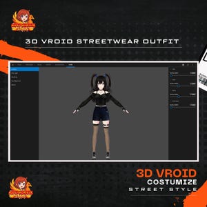 May include: A digital illustration of a 3D Vroid streetwear outfit. The avatar is wearing a black crop top, dark blue shorts, and fishnet stockings. The image includes the text "3D VROID STREETWEAR OUTFIT" and "3D VROID COSTUMIZE STREET STYLE".