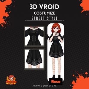 May include: Digital illustration promoting 3D Vroid customisation for street style. The image features a character in a black dress with a spiderweb design, fishnet stockings, and black boots. The text reads "3D VROID COSTUMIZE STREET STYLE".