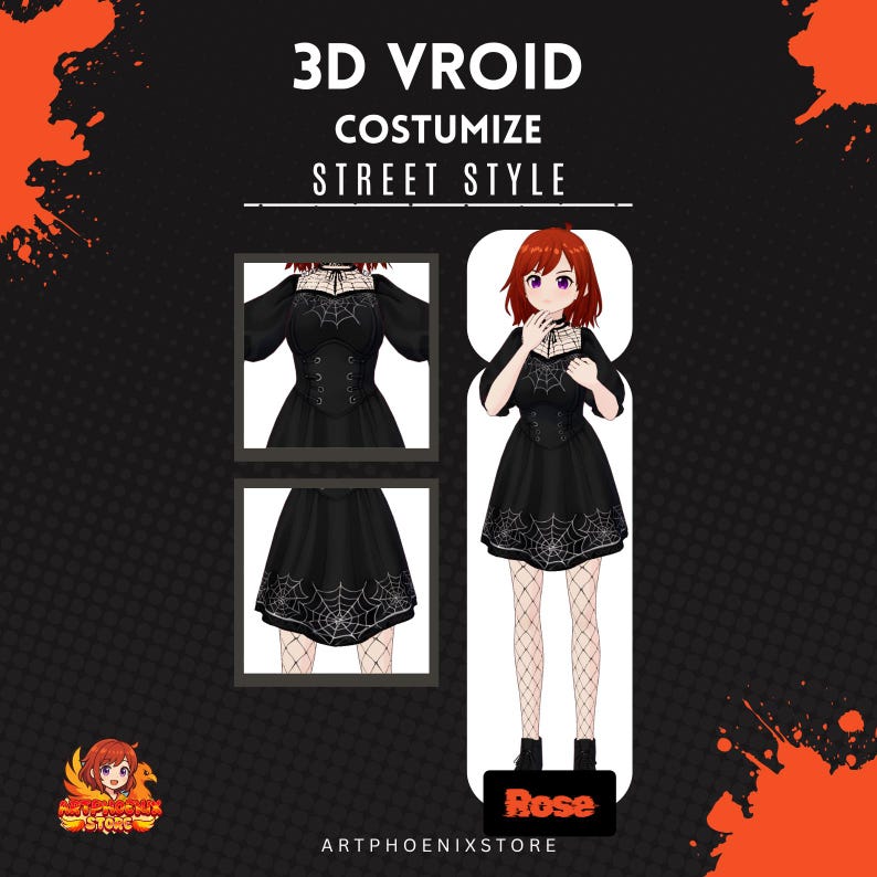 May include: Digital illustration promoting 3D Vroid customisation for street style. The image features a character in a black dress with a spiderweb design, fishnet stockings, and black boots. The text reads "3D VROID COSTUMIZE STREET STYLE".