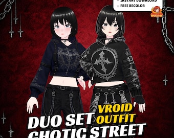 VRoid Gothic Street Couple Outfit | Gothic Duo Clothing | Dark Cross Hoodie | Alternative Streetwear | VTuber Fashion | 3D Custom Outfit