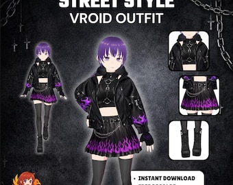 VRoid Gothic Flame Outfit | VTuber Asset Punk Streetwear Jacket & Chain Skirt Set (Digital Download)