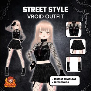 Könnte beinhalten: Digitale Illustration eines Street Style Vroid Outfits. Das Outfit beinhaltet ein schwarzes Leder-Crop-Top, einen Faltenrock, Netzstrümpfe und Stiefel. Das Bild enthält den Text "Instant Download" und "Free Recolor".