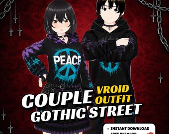 VRoid Gothic Streetwear Custom | Matching Set Graphic Hoodie & Skirt Women | Vrchat Avatar | Fantasy VTuber Model | 3D Outfit for Anime