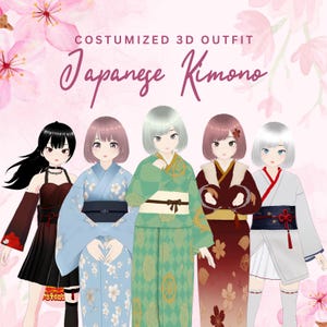 Puede incluir: Ilustración de cinco figuras de estilo anime que visten varios trajes de kimono japonés. Los trajes incluyen un vestido rojo oscuro, un kimono azul claro con estampados florales blancos, un kimono verde, un kimono rojo oscuro con estampados florales y un kimono blanco. El texto dice "COSTUMIZED 3D OUTFIT Japanese Kimono."