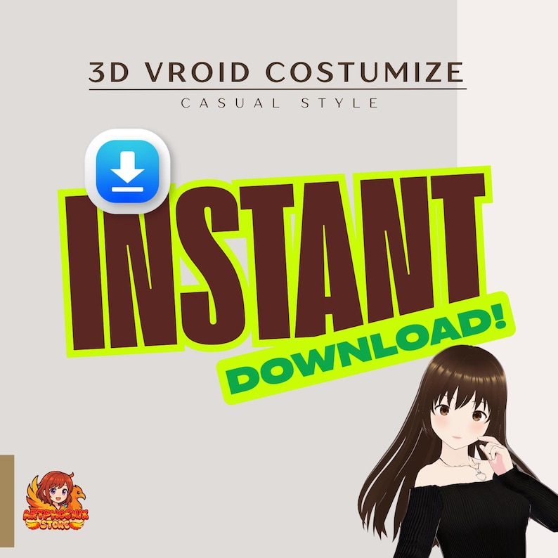 Op de afbeelding: Afbeelding ter promotie van 3D Vroid kostuumdownloads. Het woord "INSTANT" staat in grote bruine letters met een groene omlijning, en "DOWNLOAD!" staat eronder. Een blauw downloadpictogram staat linksboven. Rechts staat een cartoonvrouw met lang bruin haar.