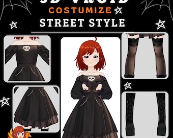 VRoid Gothic Street Dress Outfit | Skull Detail, Lace Stockings, Boots (VRoid Studio Asset)