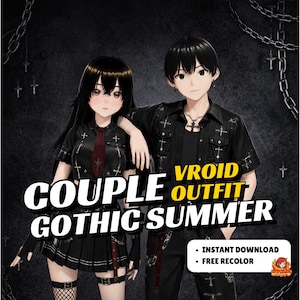May include: Digital illustration of a couple in gothic summer outfits. The outfits are primarily black, featuring cross details and accessories. The image includes the text "COUPLE GOTHIC SUMMER" and "VROID OUTFIT".