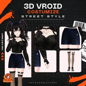 May include: Image featuring a 3D Vroid street style outfit. The outfit includes a black top with lace-up detailing, denim shorts, and thigh-high stockings. The text on the image reads "3D VROID COSTUMIZE STREET STYLE" and "VELVET RIOT".