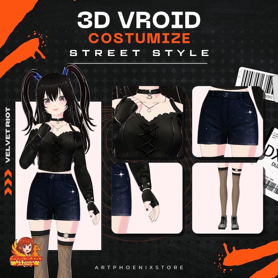 Edgy VRoid Streetwear Outfit: Dark Fashion VTuber Avatar Clothing
